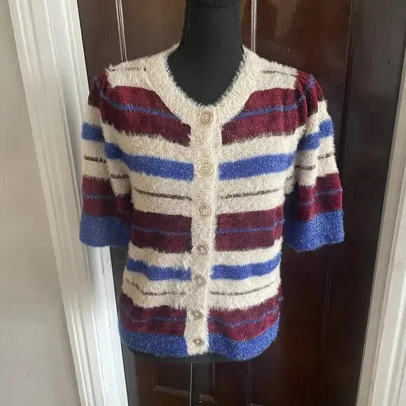 Maeve Anthropologie Short Sleeve Cardigan Sweater Womens LARGE Red Blue Sparkle - Picture 8 of 11
